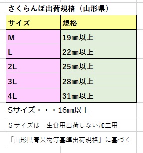 さくらんぼ出荷規格　さくらんぼサイズ表